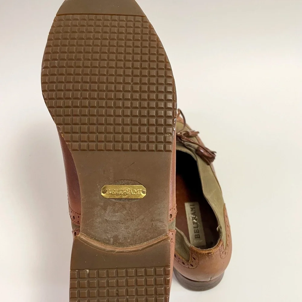 Beltrami Italian Leather Wingtip Oxfords Two Tone Green Brown Tassel Dress Shoes